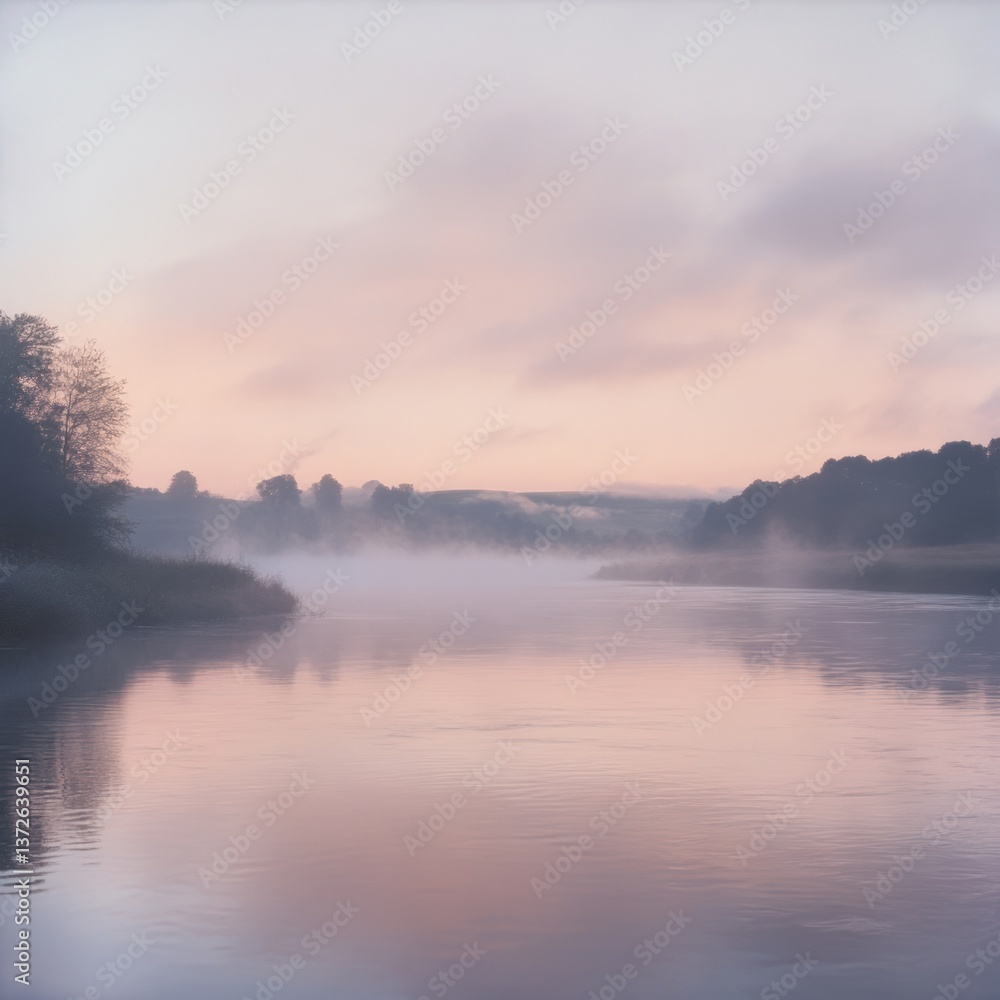 Ethereal river landscape with mist reflecting soft pastel dawn light Ethereal river landscape with mist reflecting soft pastel dawn light