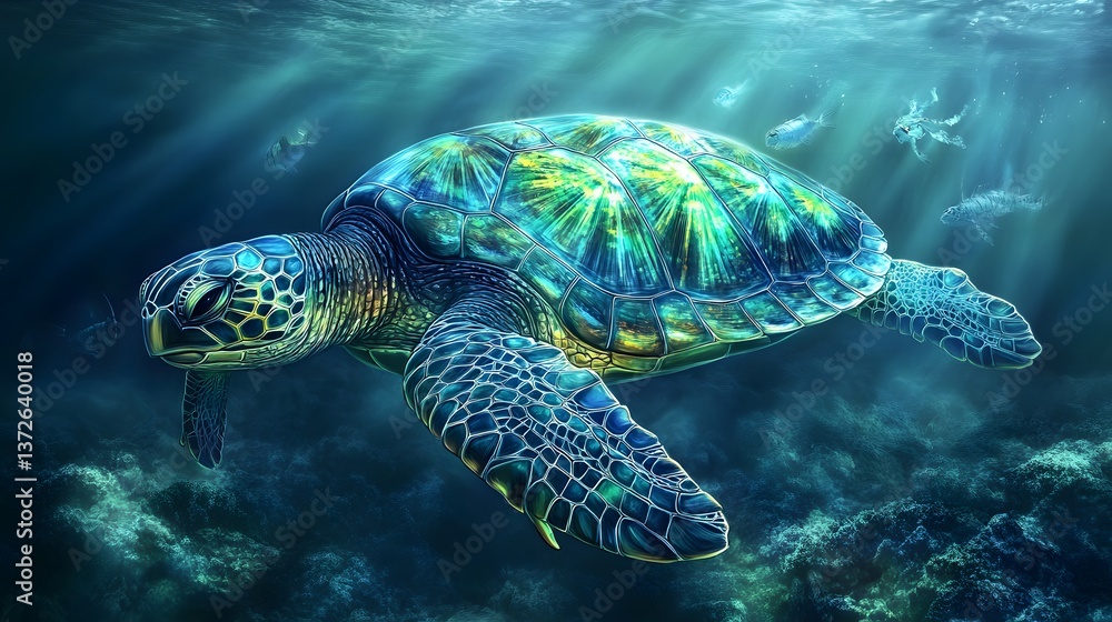 Fototapeta premium Sea Turtle Swimming in a Colorful Underwater Ecosystem