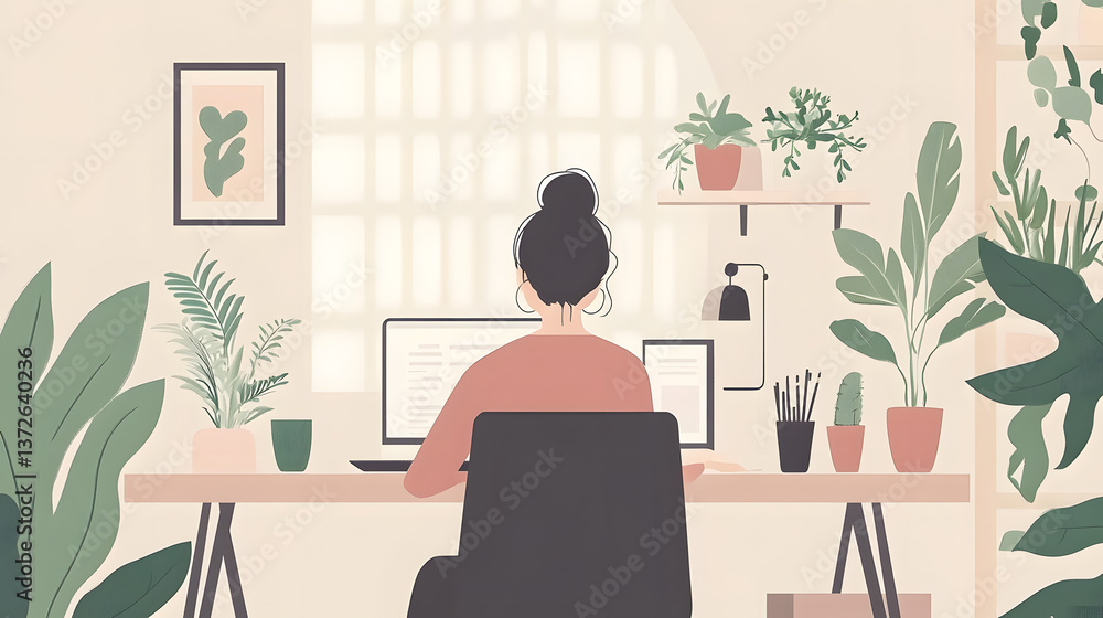 Fototapeta premium Freelancer working on a laptop in a minimalist home office with plants and personal touches around realistic 