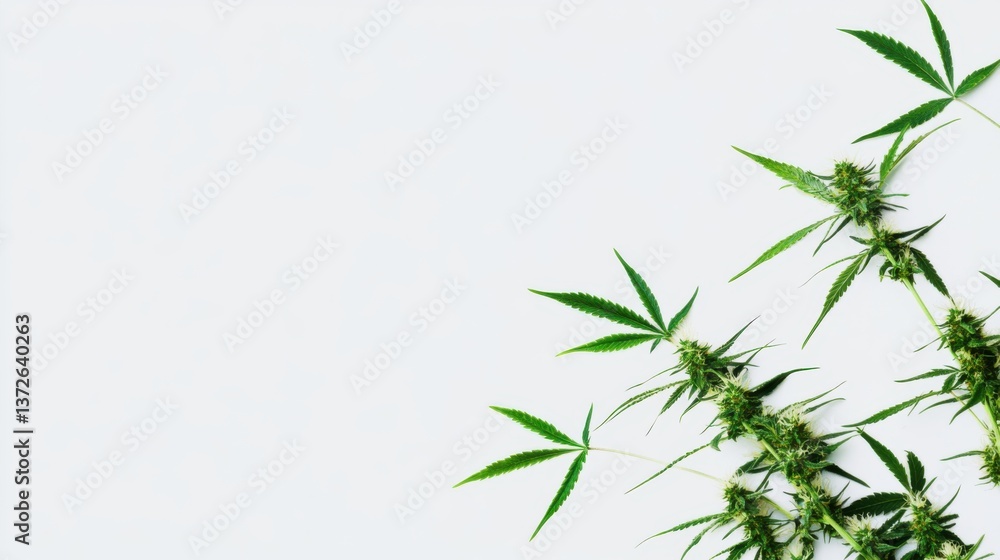 Fototapeta premium Lush green cannabis sativa plants with buds arranged artistically on a clean white background providing ample copy space for text or design elements perfect for medical or