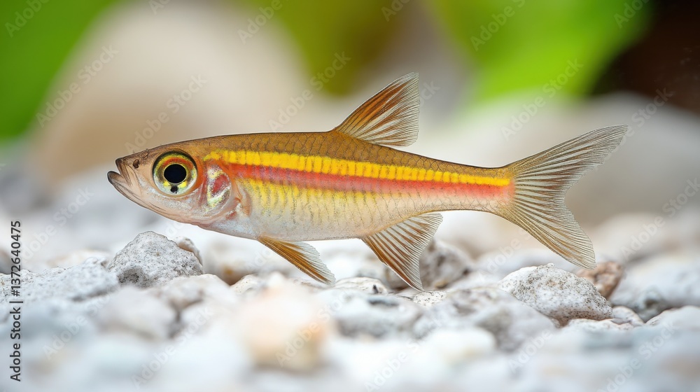 Fototapeta premium A vibrant, small golden fish with a distinctive red stripe swims gracefully amidst smooth white aquarium gravel in a clear close-up shot.