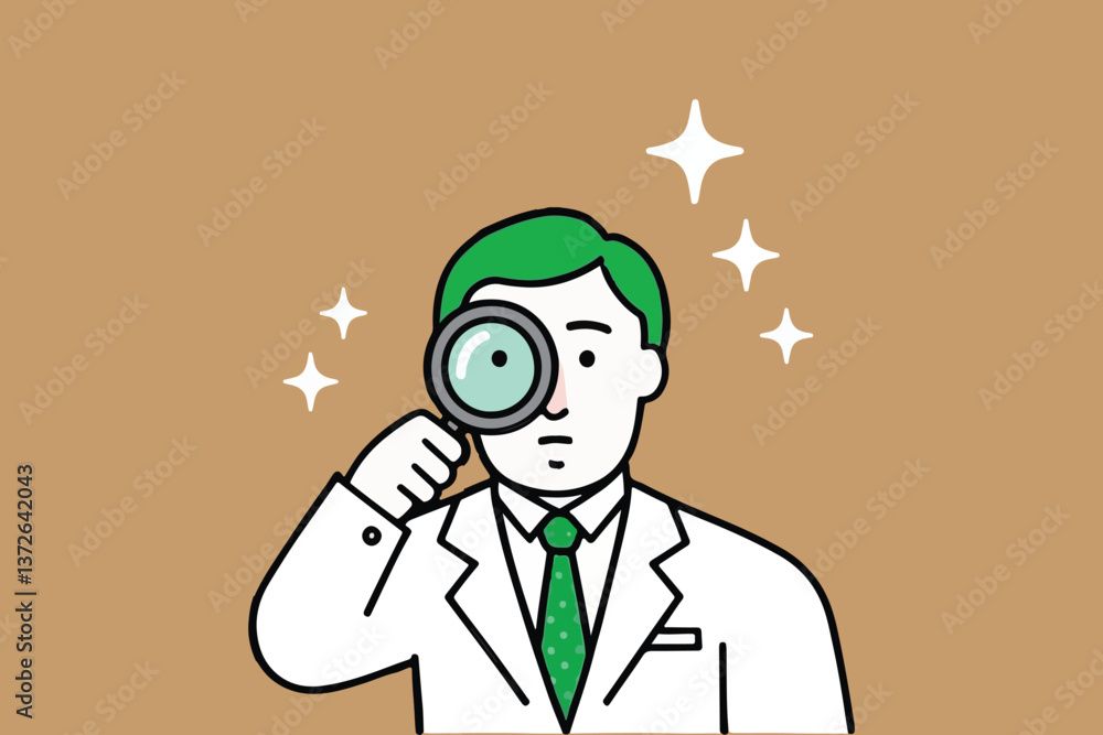 Man with Magnifying Glass: Detailed Investigation and Discovery on Brown Background Man with Magnifying Glass: Detailed Investigation and Discovery on Brown Background