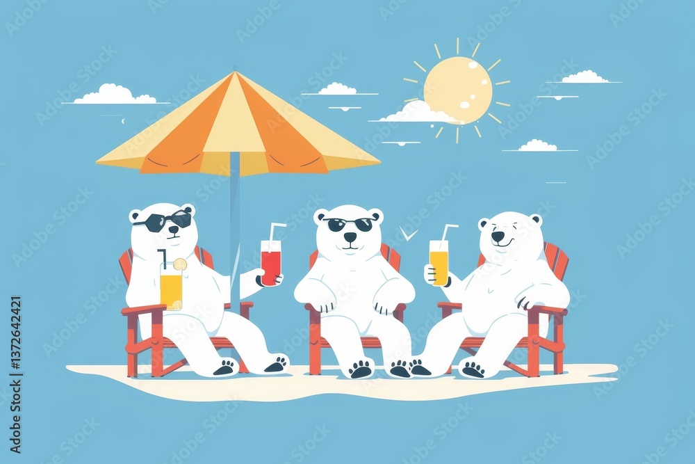 Naklejka premium Polar bears relaxing on beach chairs with refreshing drinks