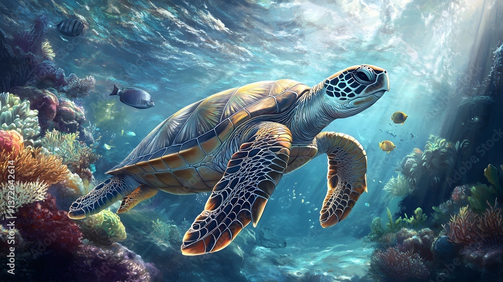 Fototapeta premium Sea Turtle Swimming in a Colorful Underwater Ecosystem