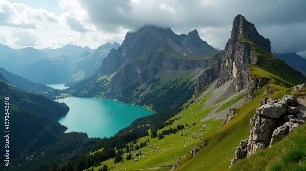 Obraz premium A high-quality photo of Mount Pilatus in Switzerland, Europe, at midday, during rainy conditions, captured from above, showing the lush scenery and overcast skies.