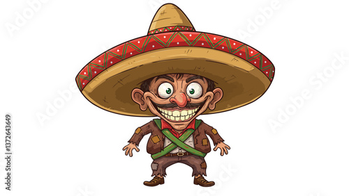 Funny cartoon illustration of a Mexican man with a sombrero and mustache