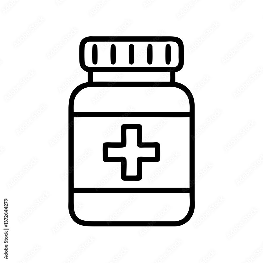 Medication Bottle: A simple, yet impactful, line drawing of a medication bottle, complete with cap, label, and a prominent cross symbol, symbolizing healthcare, medicine, and well-being. Medication Bottle: A simple, yet impactful, line drawing of a medication bottle, complete with cap, label, and a prominent cross symbol, symbolizing healthcare, medicine, and well-being.