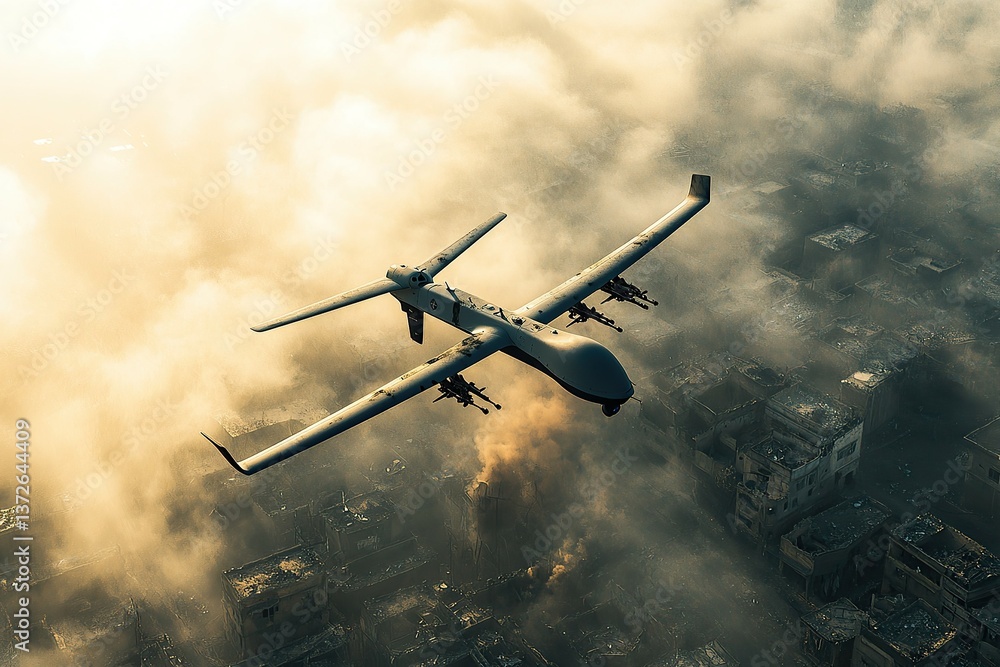 Fototapeta premium An unmanned aerial vehicle soars above a devastated urban landscape shrouded in smoke and haze.