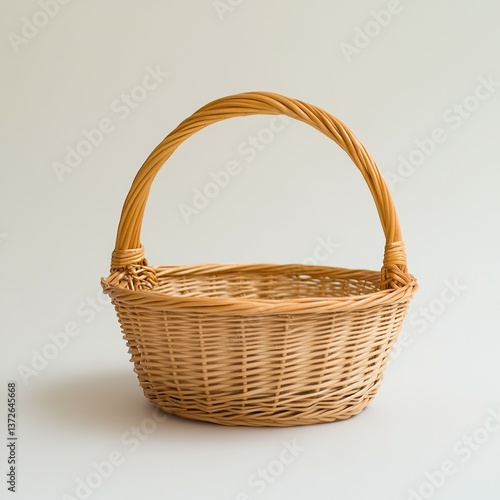Woven wicker basket with a curved handle, perfect for picnics, storage, or decorative displays.
