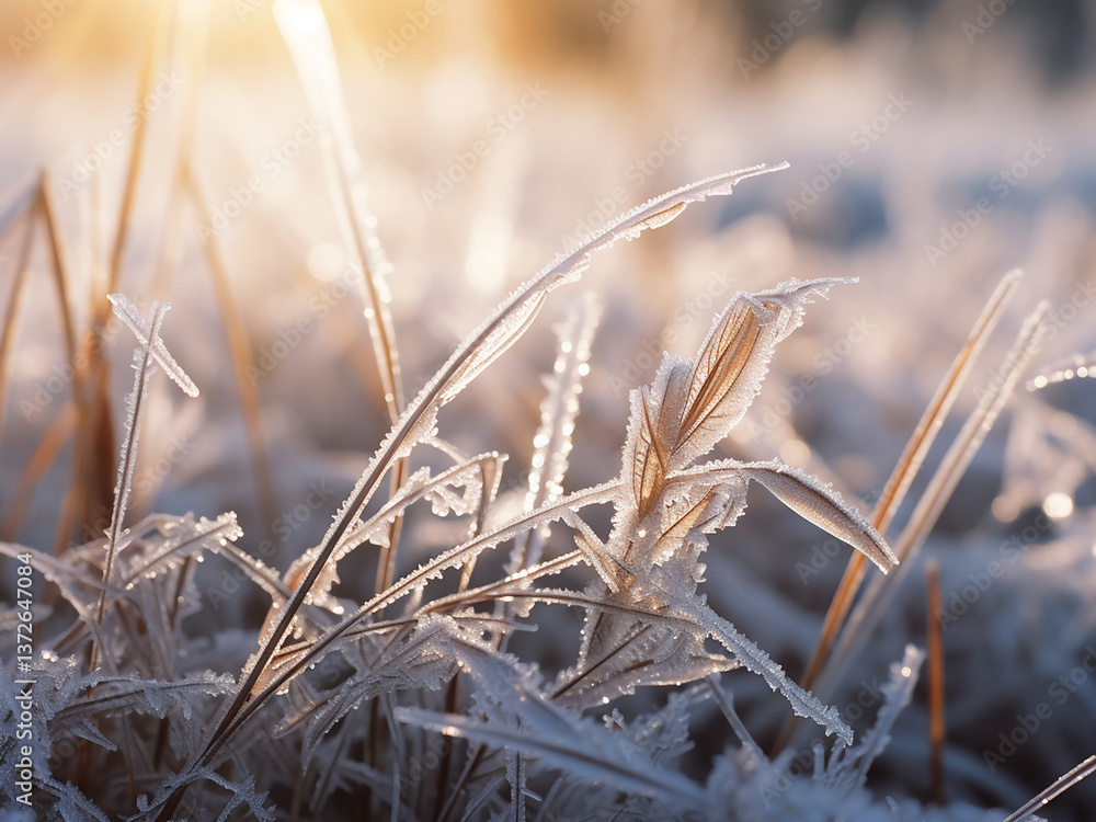 Fototapeta premium First frost forming delicate patterns on grass blades, freezing as dawn light catches ice