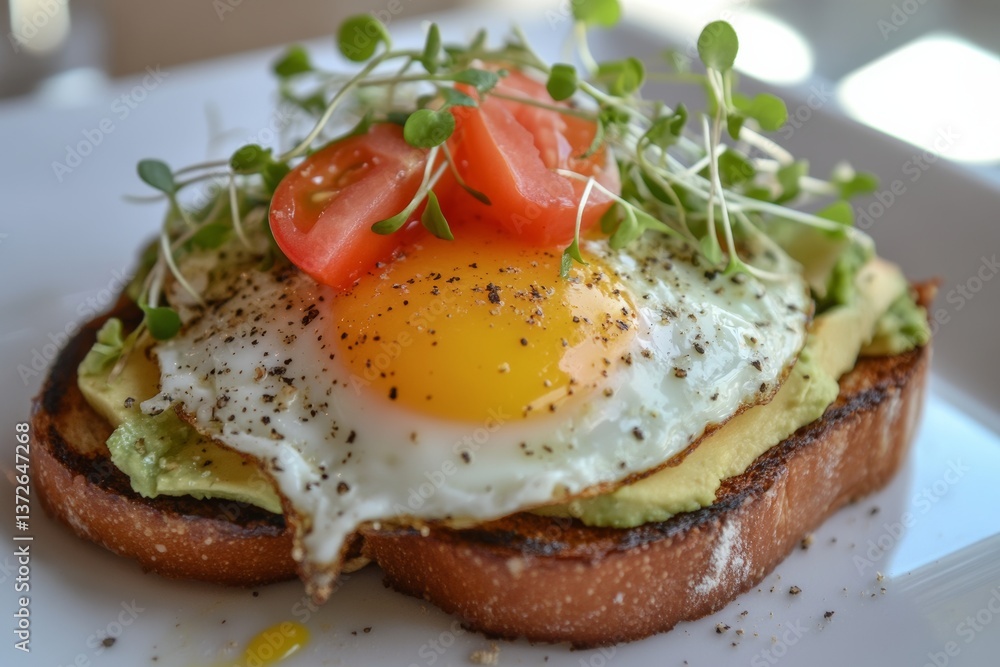 Delicious avocado toast with fried egg and tomato Delicious avocado toast with fried egg and tomato