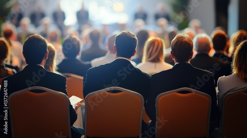 Conference attendees engaged in discussion corporate venue event photography professional environment rear view networking concept
