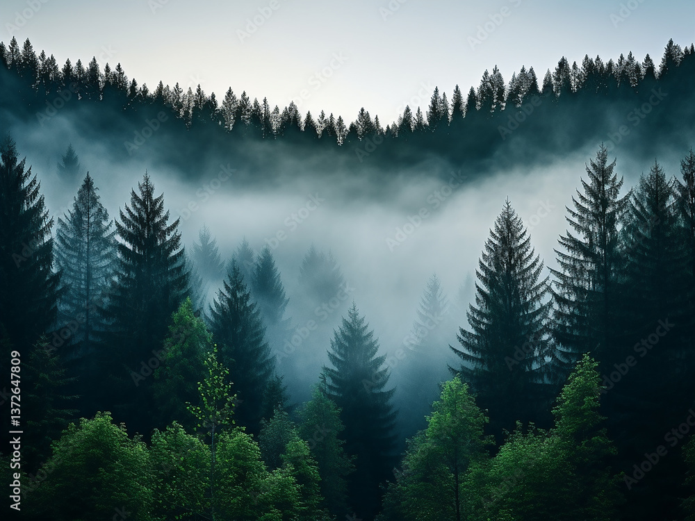 Obraz premium Shapes slowly emerge from the fog in the forest creating a mysterious morning atmosphere