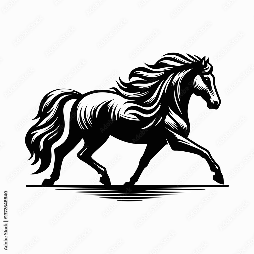 Obraz premium Running horse silhouette walking, transparent black and white background, logo design