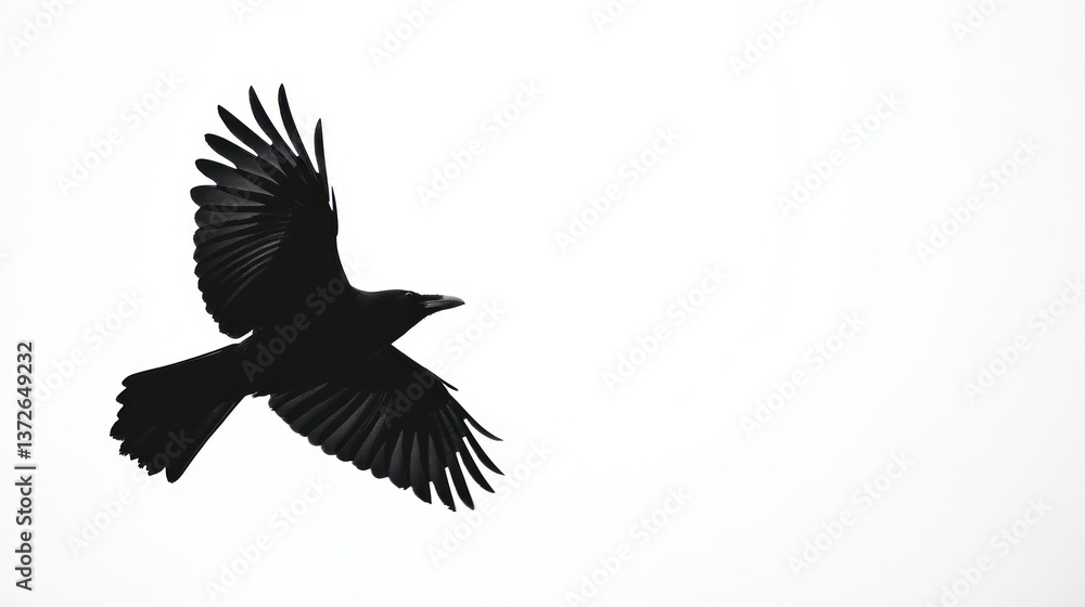 Fototapeta premium Silhouette of a crow in flight against a bright white background.