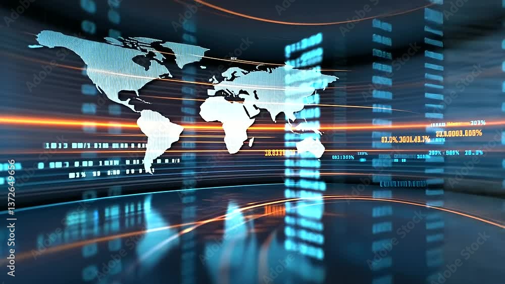 A modern news studio recording a live interview, background softly blurred with world time zones and digital news banners flowing subtly, creating a high-tech global feel