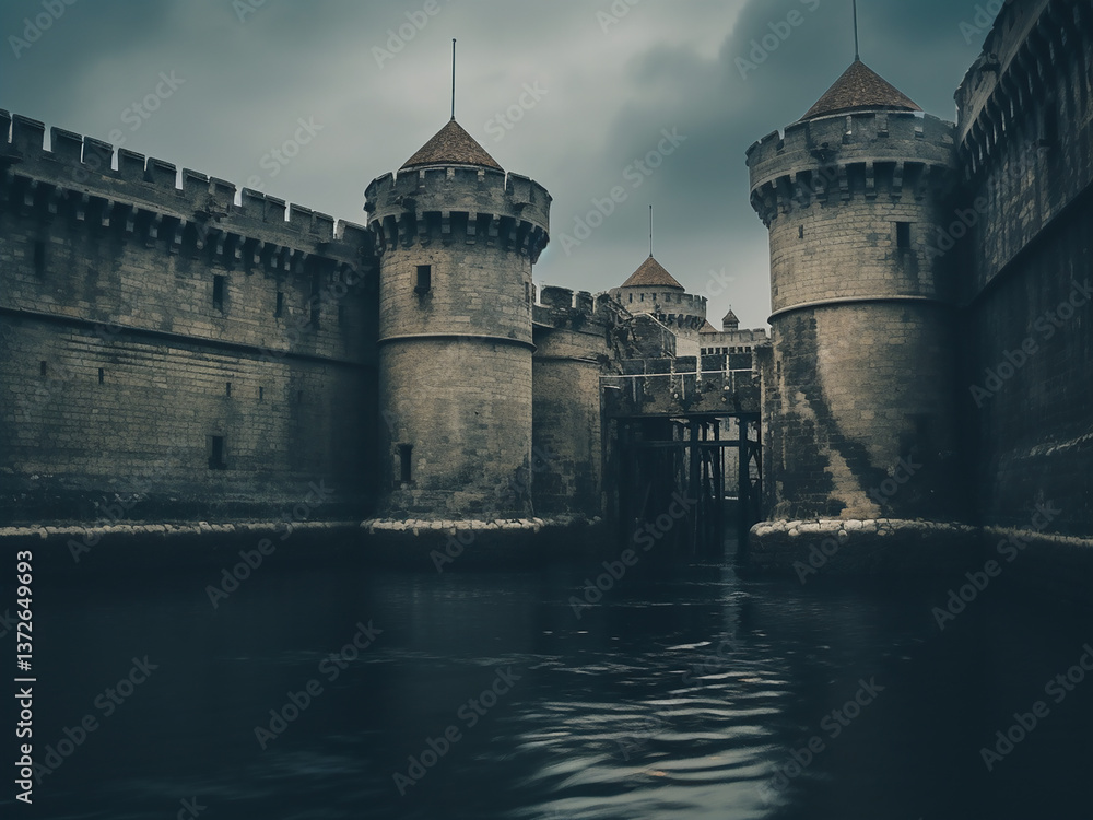 Fototapeta premium Thick fortress walls and towering guard towers surrounded by a deep, protective moat