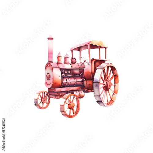 Watercolor vintage tractor isolated on white