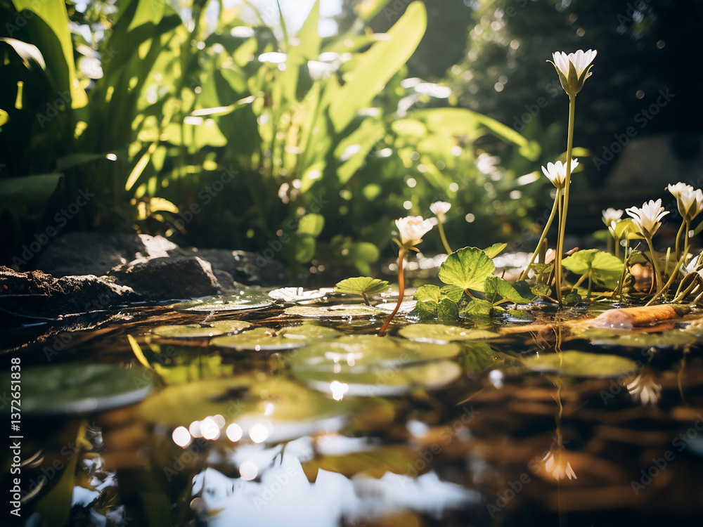 Naklejka premium Garden pond reflecting plants floating on water with gentle ripples sparkling in the light