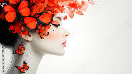 Obraz na płótnie Face of a beautiful girl with butterflies instead of hair, surrealism, minimalism w salonie