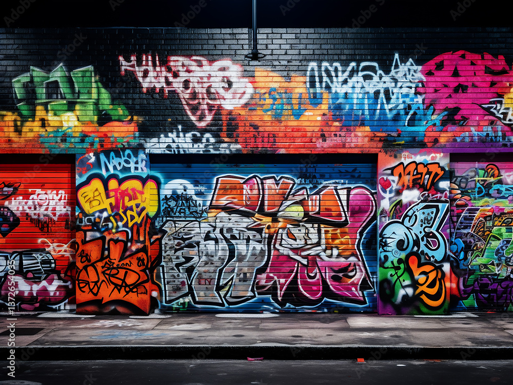 Naklejka premium Graffiti wall with colorful art boldly displaying messages showing urban culture