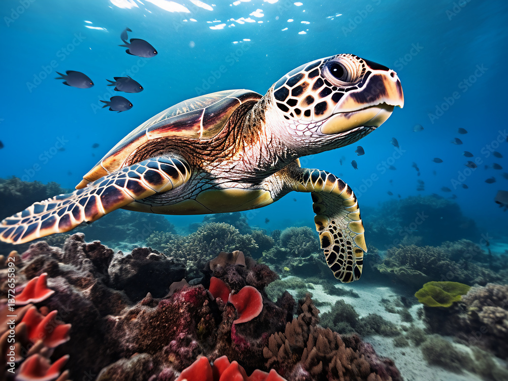 Fototapeta premium Hawksbill turtle breaking sponge pieces off the reef slope feeding with focused attention