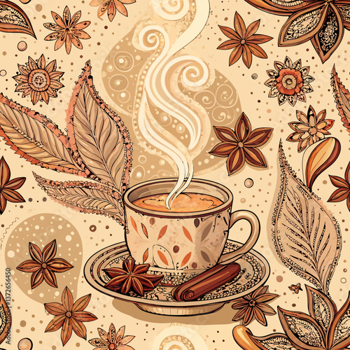 *"Seamless Chai Tea Pattern – Warm Earthy Tones & Intricate Designs Celebrating Mawlid an-Nabi Fellowship"* 