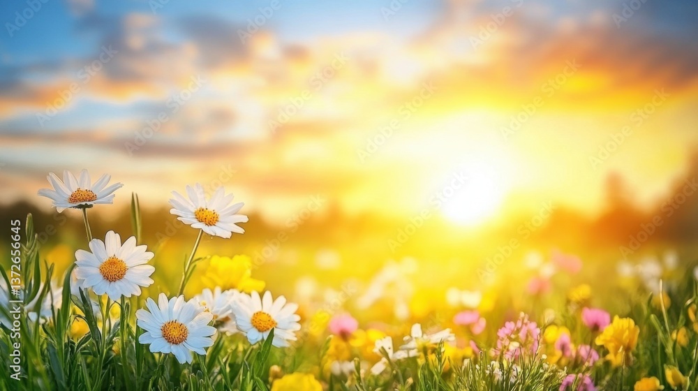 Fototapeta premium Serene meadow with daisies bathed in golden sunlight at dawn creating a tranquil and idyllic scene with vibrant colors and soft focus