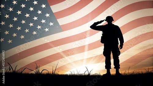 A silhouette of a soldier saluting in front of an American flag, symbolizing patriotism and honor against a backdrop of sunrise.