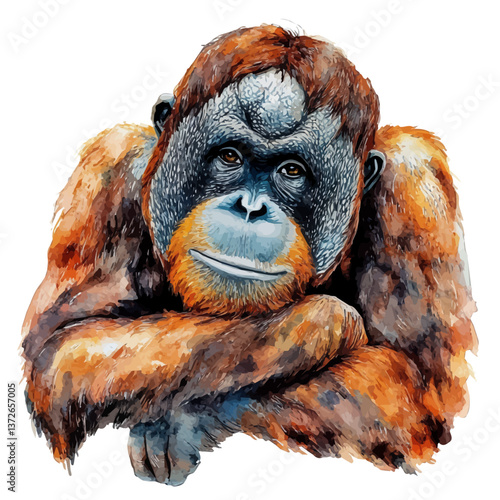 A watercolor vector of an orangutan, isolated on a white background. Orangutan vector.

