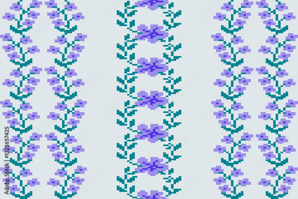 Rectangle shape seamless pixel art.Flower Ikat pattern embroidery.Pixel Art Fabric background Pattern with Geometric Square.Abstract background vector illustration.carpet,batik,knitwear
