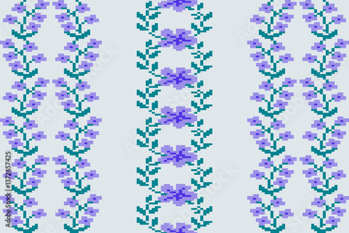 Obraz na płótnie Rectangle shape seamless pixel art.Flower Ikat pattern embroidery.Pixel Art Fabric background Pattern with Geometric Square.Abstract background vector illustration.carpet,batik,knitwear w salonie
