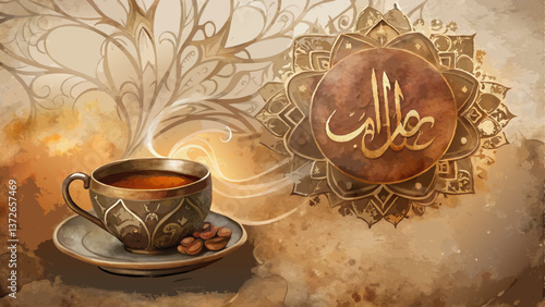 *"Watercolor Chai Tea Background – Earthy Tones with Intricate Patterns for Mawlid an-Nabi Fellowship with Copy Space"*  
