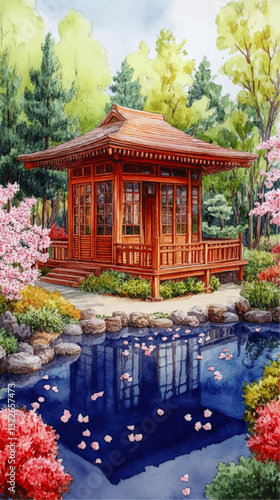 Stunning Japanese Garden Illustration Featuring Traditional Wooden Tea House Surrounded by Lush Nature Cherry Blossoms Tranquil Pond and Serene Landscape Background