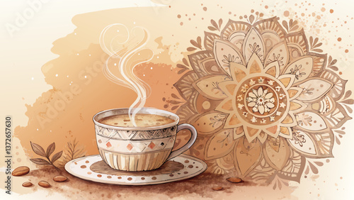 *"Watercolor Chai Tea Background – Earthy Tones with Intricate Patterns for Mawlid an-Nabi Fellowship with Copy Space"*  
