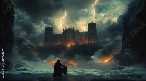 Epic Vector Fantasy Illustration of Lone Mysterious Figure Facing Dark Gothic Castle in Storm with Dramatic Lightning and Fire Burning Under Moody Atmospheric Sky