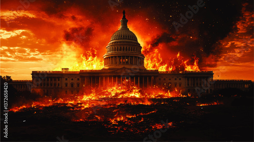 Dramatic Vector Illustration US Capitol Building Engulfed in Flames Powerful Fire Destruction Scene Apocalypse Concept Burning Government Building Dark Orange Sky