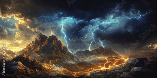 Dramatic Vector Illustration of Epic Mountain Landscape with Powerful Lightning Storm and Heavy Dark Clouds Highlighting Nature's Intense Weather Conditions and Beauty
