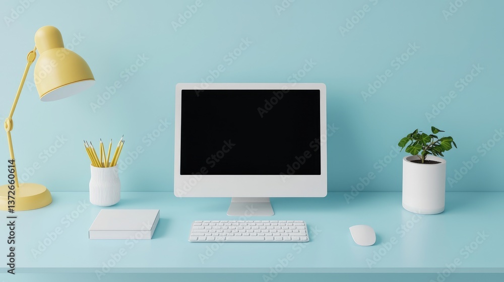 Obraz premium Modern Workspace Design with Computer, Lamp, and Green Plant