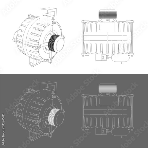 Isometric and Orthographic Alternator Sketch – Schematic Line Art for Engineers