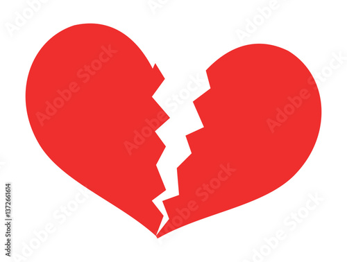 Icon red broken heart in two. Breakup or divorce, grief regret, a divided couple. EPS 10. Vector illustration
