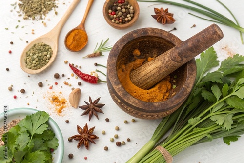 Wallpaper Mural Flat lay of thai mortar and pestle with spices and herbs - generated by ai Torontodigital.ca