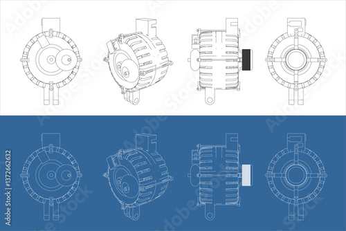 Technical Drawing of an Alternator for car– Engineering Vector Illustration