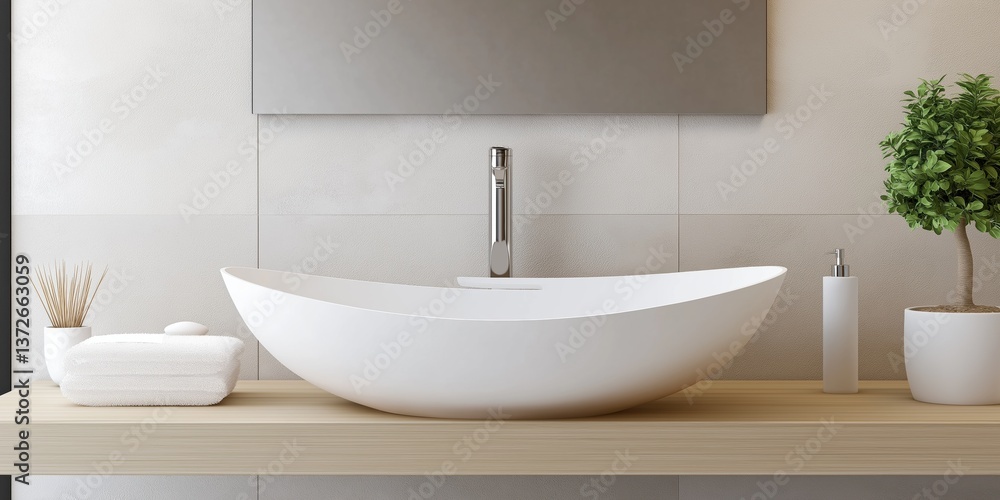 A white sink with a silver faucet sits on a wooden countertop. The sink is surrounded by a few potted plants, including a small tree. The bathroom is clean and well-organized, with a few towels A white sink with a silver faucet sits on a wooden countertop. The sink is surrounded by a few potted plants, including a small tree. The bathroom is clean and well-organized, with a few towels