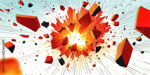 Exploding Red and Orange Dynamic Vector Illustration of Shattering Debris with Energy Burst Explosion Effect for Comic Graphic Design Illustrations Backgrounds Scenes