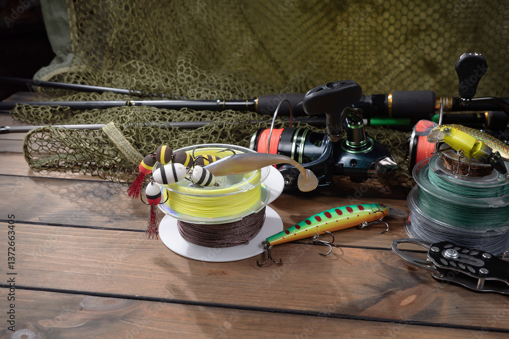 Fishing items in a tabletop arrangement