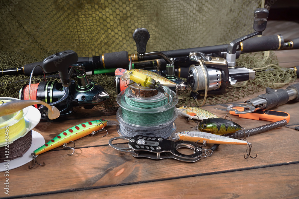Fishing items in a tabletop arrangement