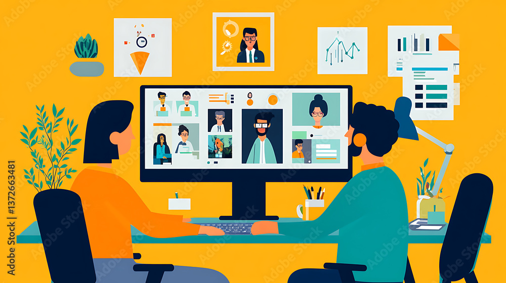 Remote workstations with video call screens showing office colleagues working together (3) Remote workstations with video call screens showing office colleagues working together (3)