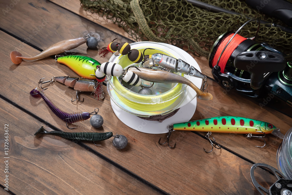 Fishing items in a tabletop arrangement