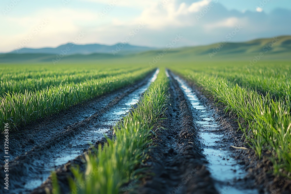 Fototapeta premium Vibrant green fields stretch into the distance, flanked by fresh water tracks. A serene landscape that captures the beauty of nature and agricultural tranquility under a clear sky.